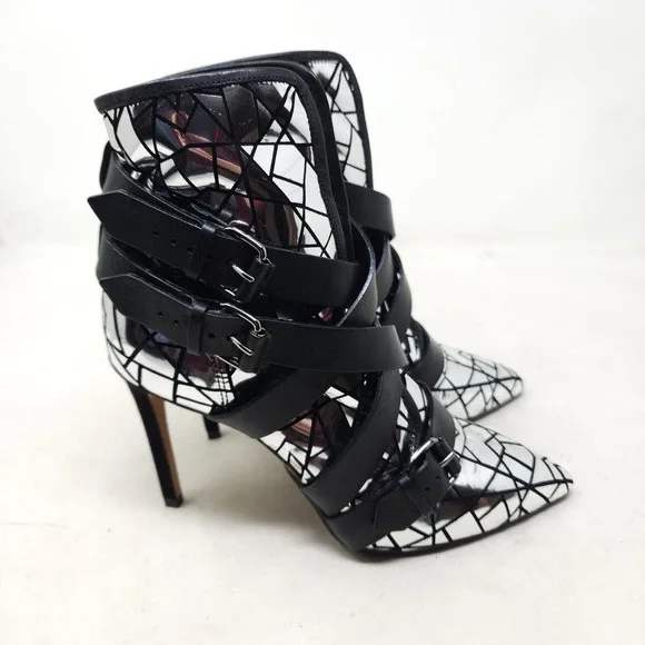 Balmain Paris Womens Boots Jackie Mosaic Silver Metallic Strappy Ankle Heel 37 7 - Picture 3 of 11